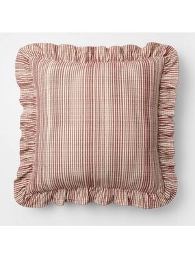 Studio McGee Threshold Uneven Plaid with Ruffle Pillow Burgundy Cream Christmas